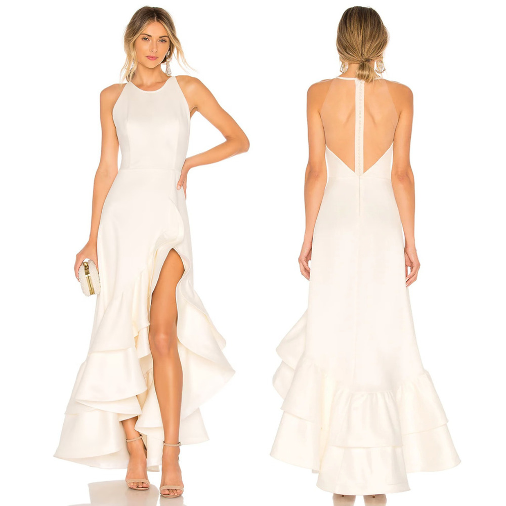 Bronx & Banco Paros Gown Silk Blend Ruffle Hem Pearl Embellished Bridal Formal S